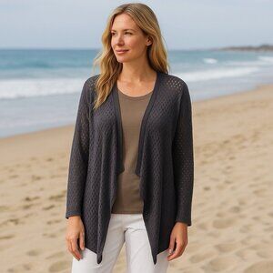 Tahari Eyelet Linen Blend Slate Blue Openfront Cardigan Coastal Bohemian 2X